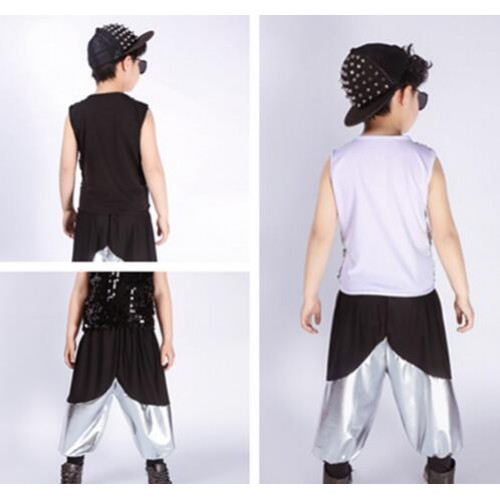 Silver black sequined leather boy's kids children modern dance hip hop jazz dancers drummer performance costumes outfits